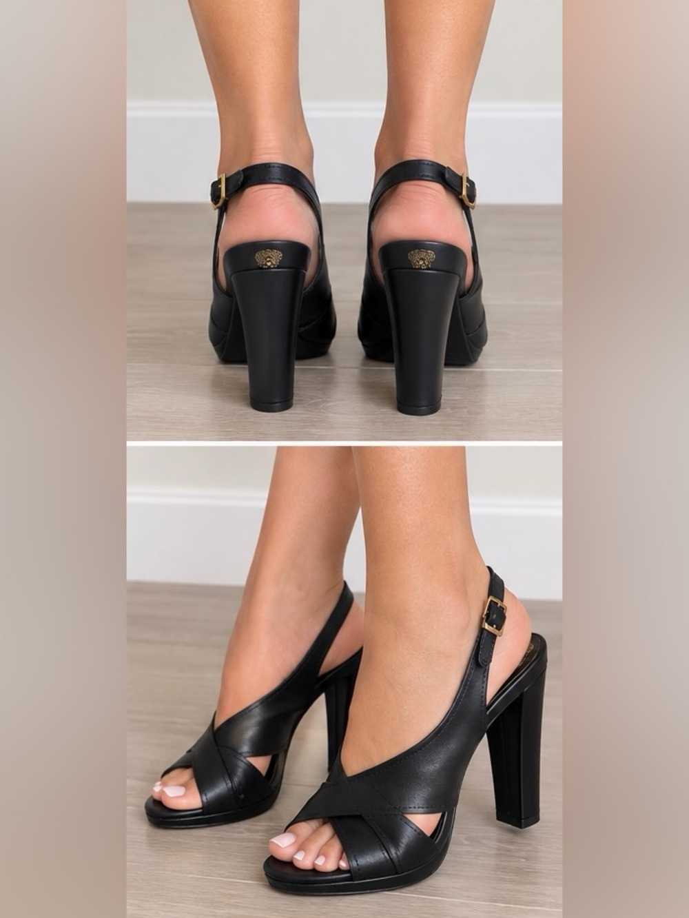 Vince Camuto Black Leather Block Heel Sandals with Gold Buckle
